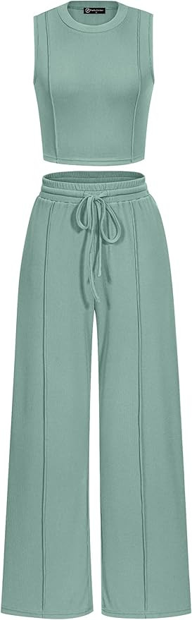 PRETTYGARDEN Women's Summer 2 Piece Loungewear Set Cropped Tank Top Wide Leg Sweatpants Tracksuit... | Amazon (US)