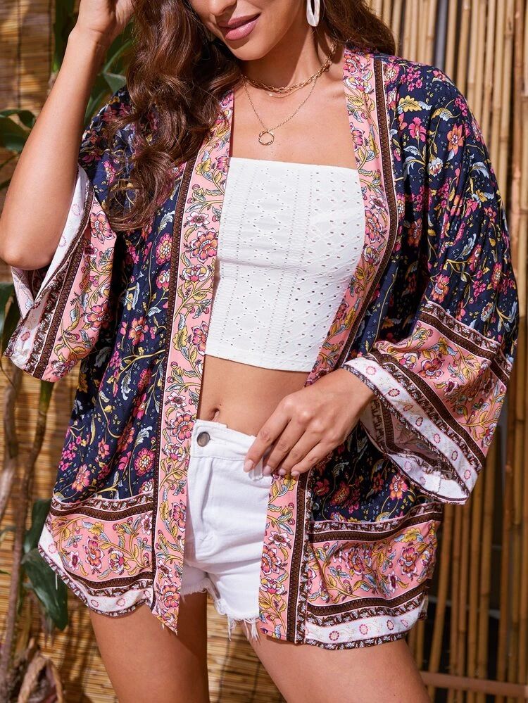 SHEIN Open Front Graphic Print Kimono | SHEIN