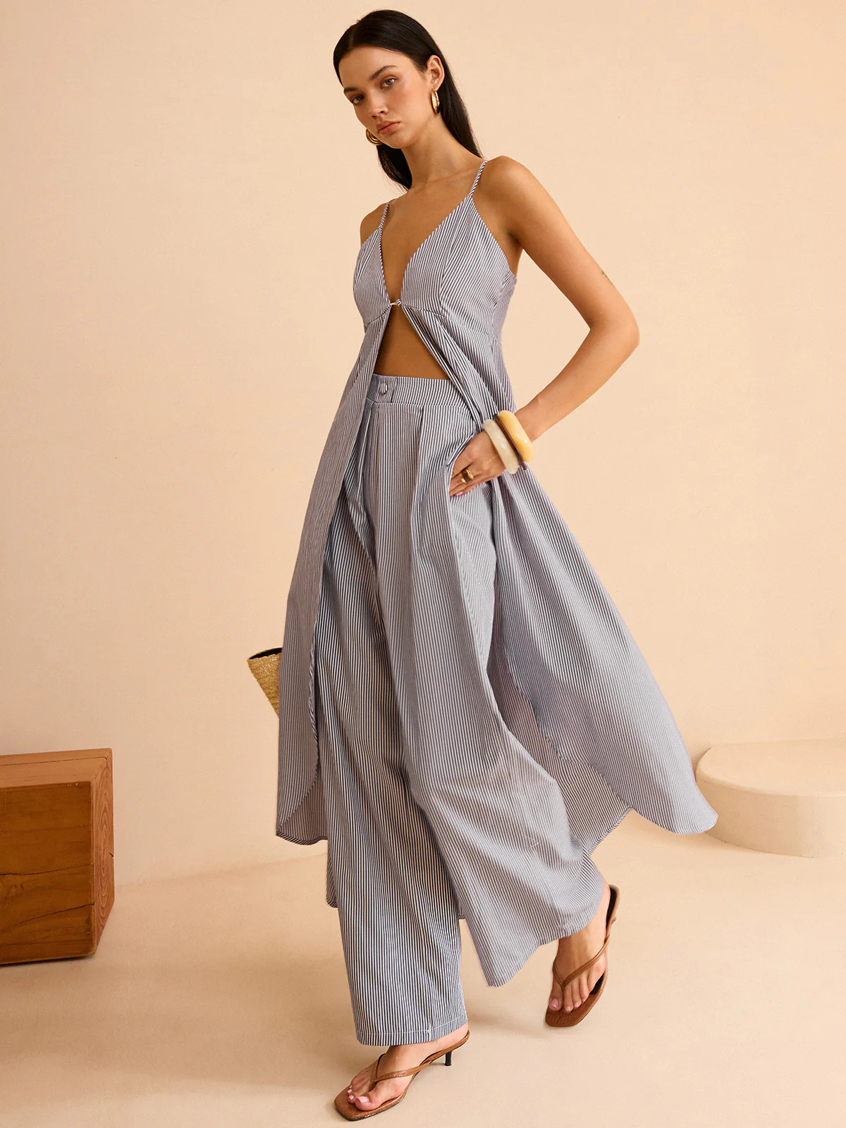 Striped Long Cami Top and Wide-Leg Pants Set | Commense