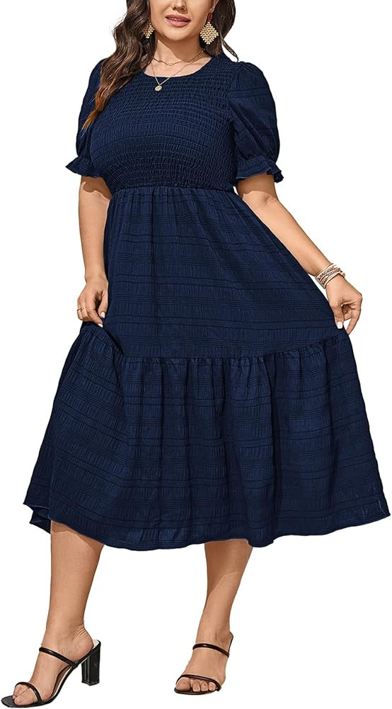 Womens Plus Size Summer Dresses 2024 Casual Puff Short Sleeve Crewneck Smocked Flowy Ruffle Boho ... | Amazon (US)