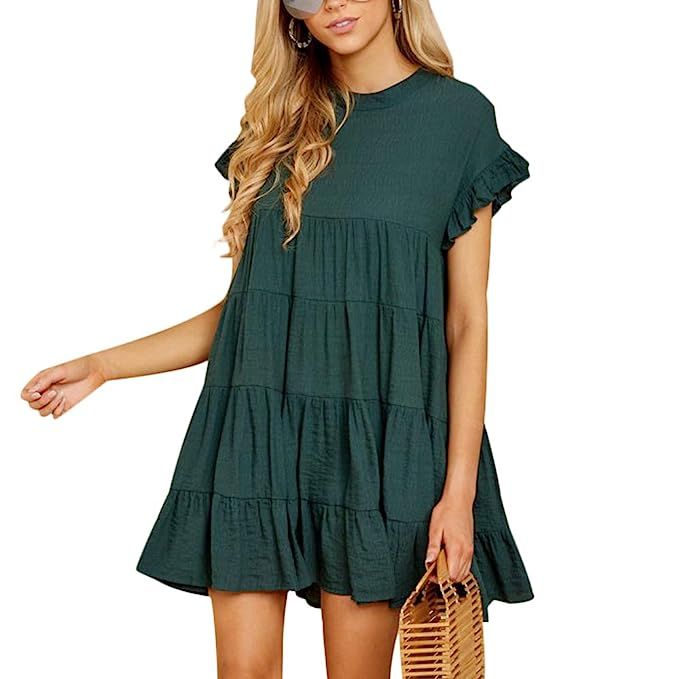 Joteisy Women’s O Neck Ruffle Short Sleeve Tiered Casual Mini Dress | Amazon (US)