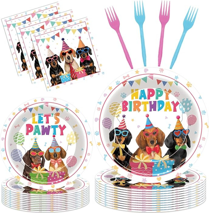 Dachshund Birthday Party Decorations - 96 Pcs Cute Sausage Dog Plates Napkins Forks, Puppy Dispos... | Amazon (US)