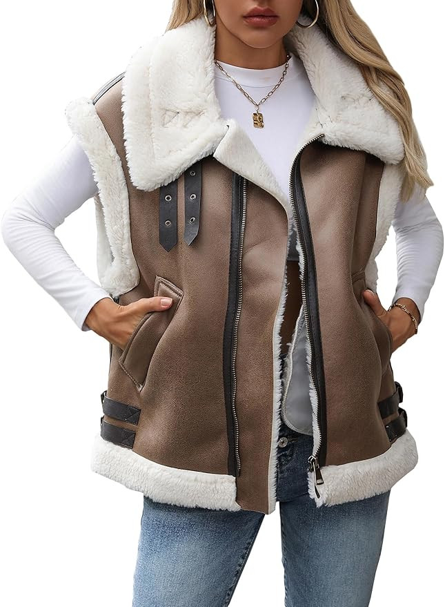 Winter Women's Warm Suede Sherpa Leather Vest Jacket Sleeveless Lambwool Fur Coat | Amazon (US)