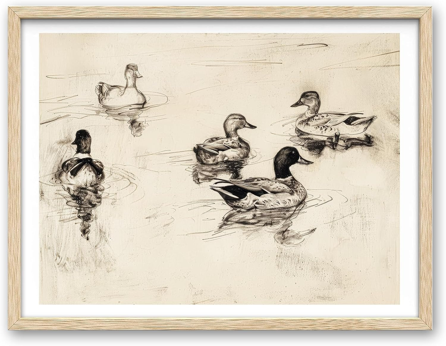 iHery Natural OAK Wood Cute Framed Wall Art, 12x16in Vintage Ducks Sketch Canvas Print, Cottageco... | Amazon (US)