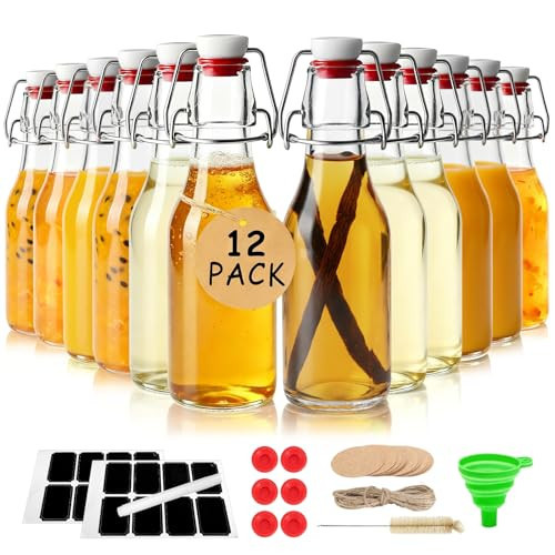Ruckae 12 Pack 8.5oz Swing Top Glass Bottles with Lids Kombucha Coquito Flip Top Glass Bottle for Syrup Vanilla Extract Brew Beer Kefir Air Tight Bottles for Gift (8.5 oz 12 pack) | Amazon (US)