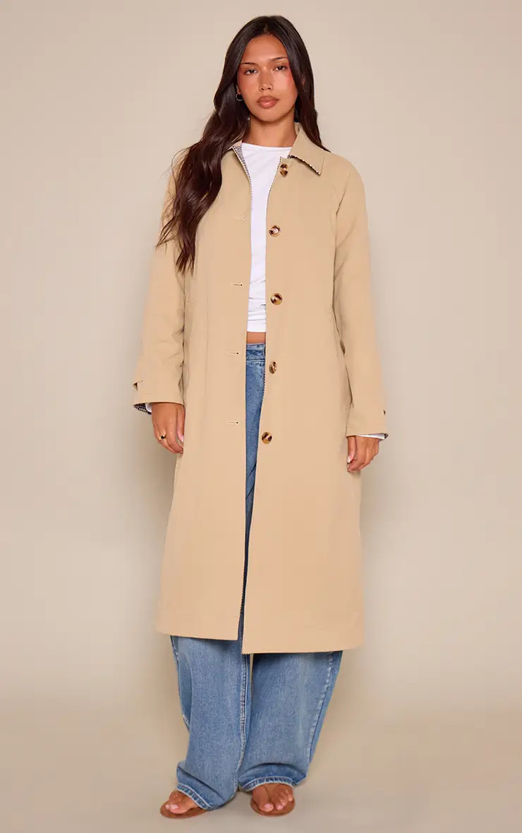 Beige Reversible Check Trench Coat | PrettyLittleThing USA | PrettyLittleThing US
