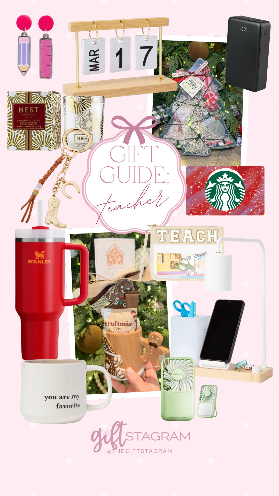 Gift guide for teacher: pencil ruler earrings, desktop calendar, snackle box tree, portable charger, festive candle, purse keychain, gift card, Stanley cup, stuffed gingerbread mug, coffee mug, TEACH embroidered bag, desk charging station, portable fan. 

 #LTKCyberWeek #LTKGiftGuide #LTKHoliday