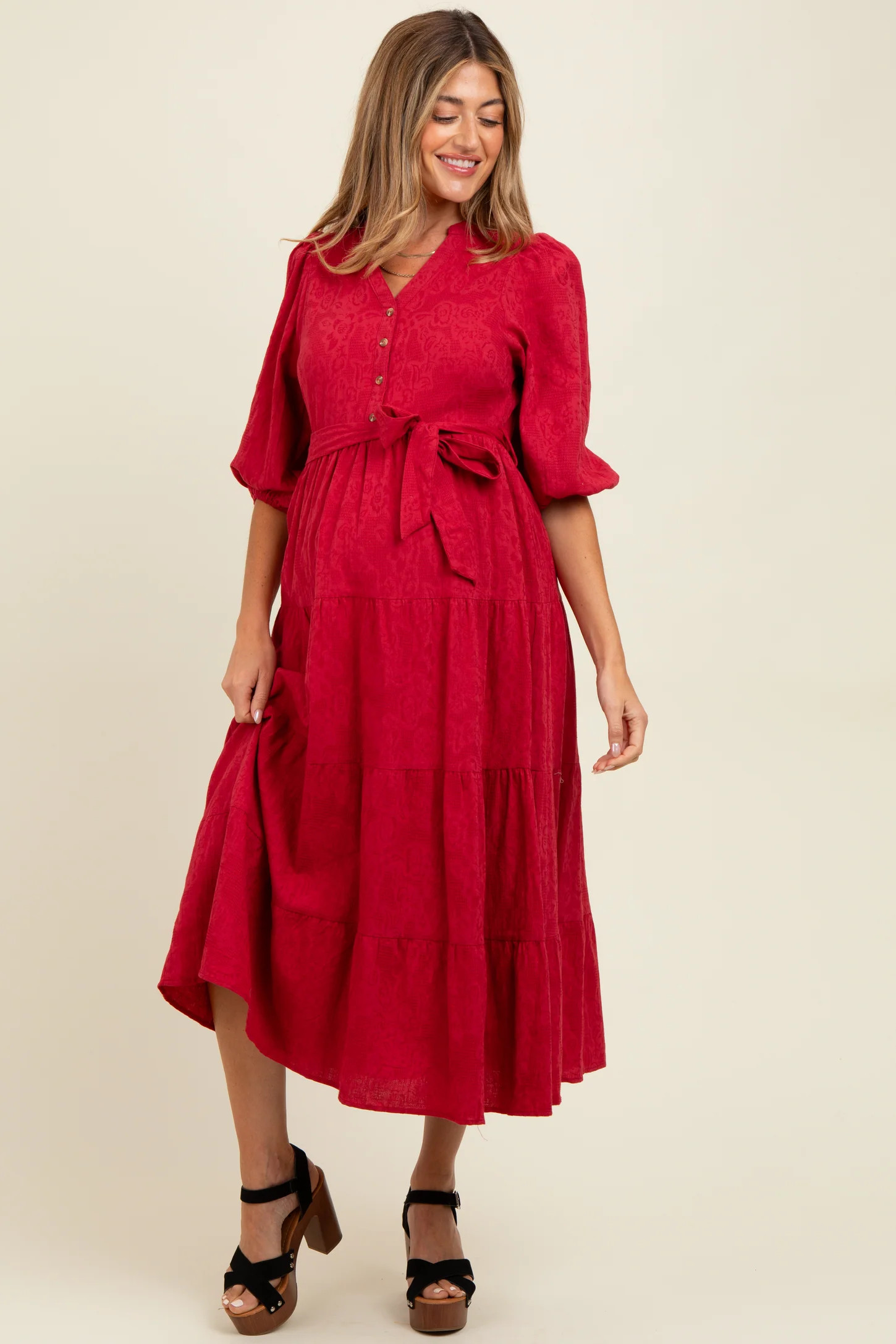 Burgundy Floral Jacquard Button Front Tiered Maternity Dress | PinkBlush Maternity