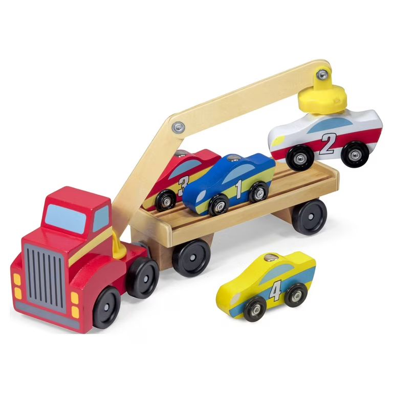 Melissa & Doug Magnetic Car Loader Wooden Toy Set With 4 Cars and 1 Semi-Trailer Truck | Walmart (US)