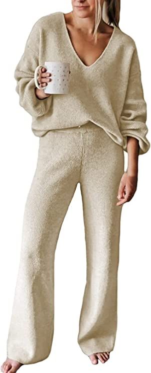 Viottiset Women's 2 Piece Outfits Casual V Neck Knit Wide Leg Sweater Lounge Set Sweatsuit | Amazon (US)