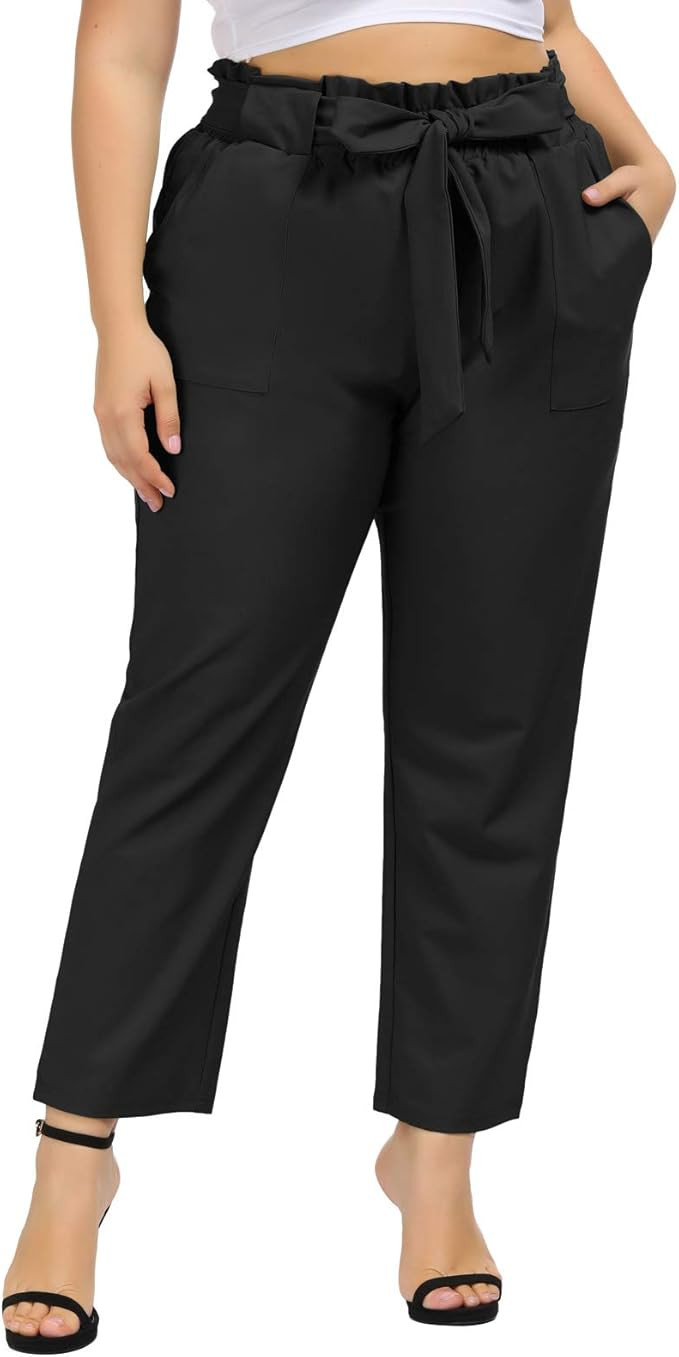Hanna Nikole Women's Plus Size Cropped Paper Bag Waist Self-tie Belted Pants with Pockets | Amazon (US)
