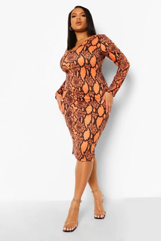 Plus Orange Snake Notch Neck Midi Dress | Boohoo.com (US & CA)