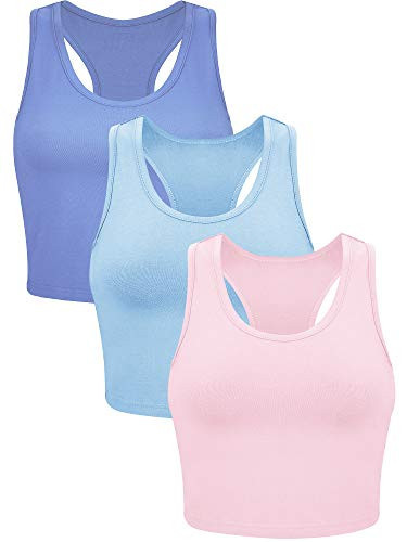 Boao 3 Pieces Crop Tops for Women, Workout Tops Basic Cropped Tank Tops Sleeveless Racerback Sports Gym Crop Tank for Teen Girls (Light Blue, Dark Blue, Pink, Medium) | Amazon (US)