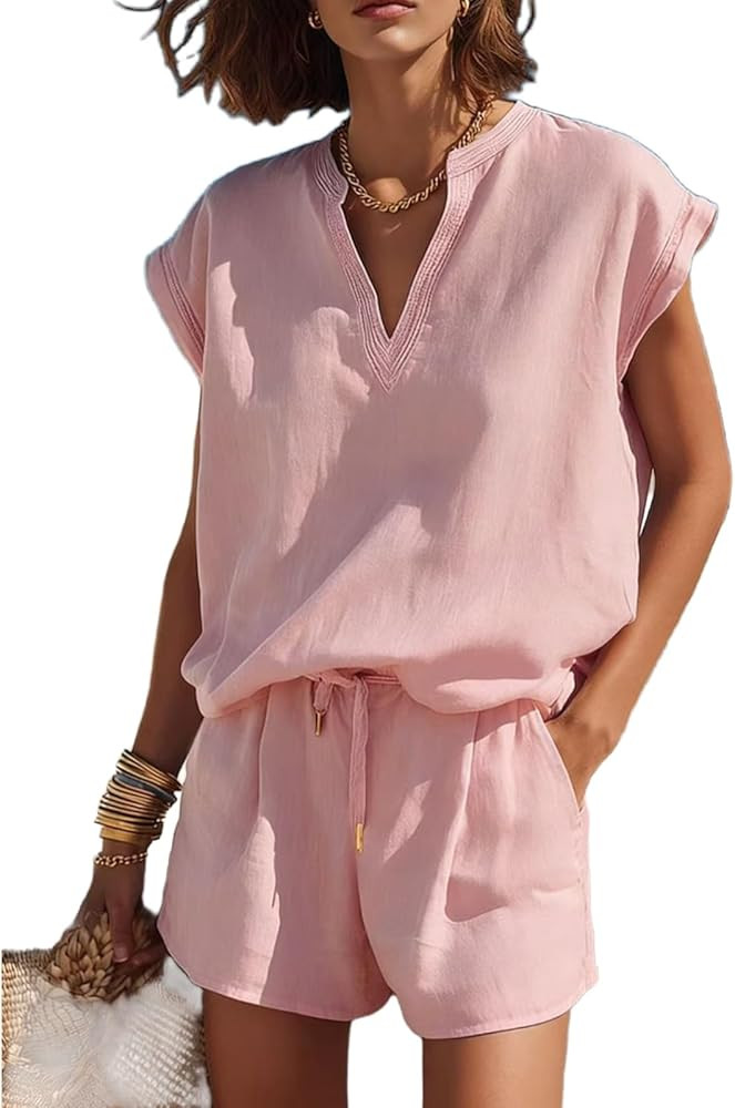 REASERAL Womens Casual 2 Piece Outfits Cap Sleeve V Neck Top and Shorts Sets Loose Fit Beach Vaca... | Amazon (US)