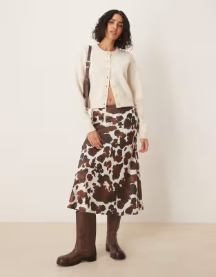 YAS satin midi skirt in brown cow print | ASOS (Global)