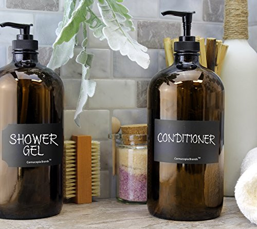 32-Ounce Amber Glass Lotion Pump Bottles (2-Pack); Quart Size Brown Bottles w/Black Plastic Soap, Ha | Amazon (US)