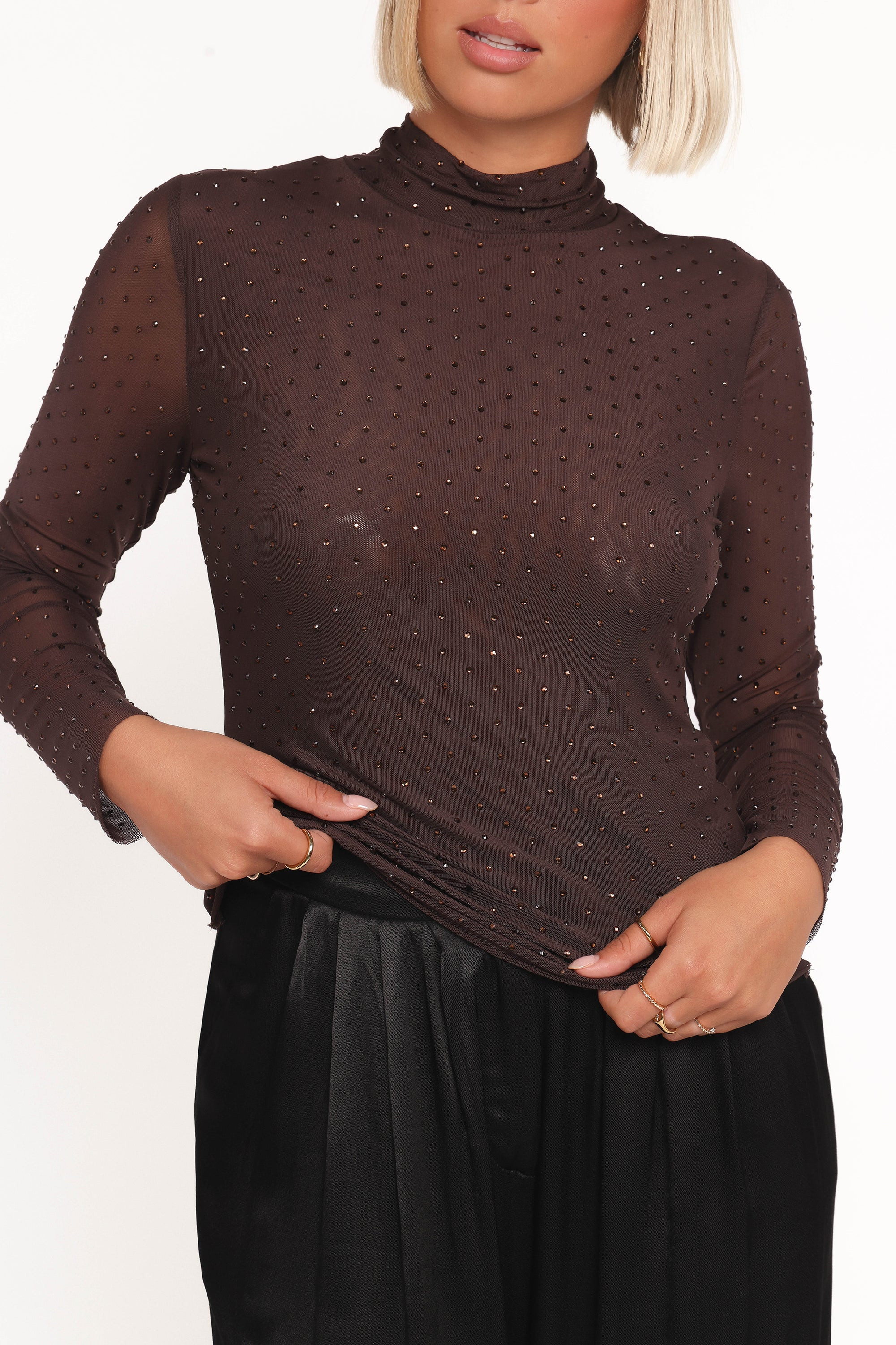 Alejandra Embellished Mesh Top - Dark Chocolate | Petal & Pup (US)