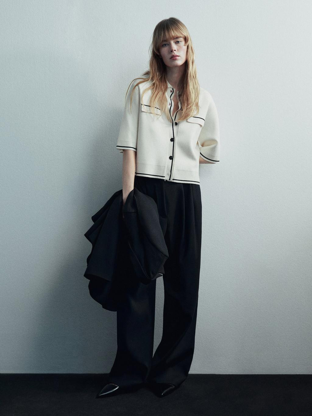 Contrast knit cardigan with short sleeves | Massimo Dutti US