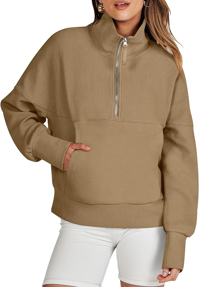 ANRABESS Women's Half Zip Sweatshirt Cropped Pullover Casual Fleece Ribbed Knit Top 2023 Fashion Sweater Hoodies | Amazon (US)
