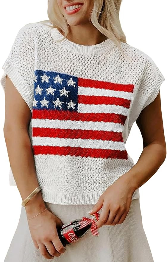 KevaMolly Women American Flag Lightweight Sweater Vest Short Sleeve Patriotic Knit Top for Summer... | Amazon (US)
