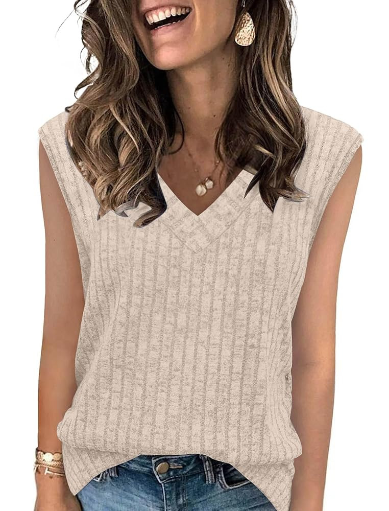 SAMPEEL Womens V Neck Sleeveless Sweater Tank Top Spring Casual Sweater Vest Summer Outifts 2025 | Amazon (US)