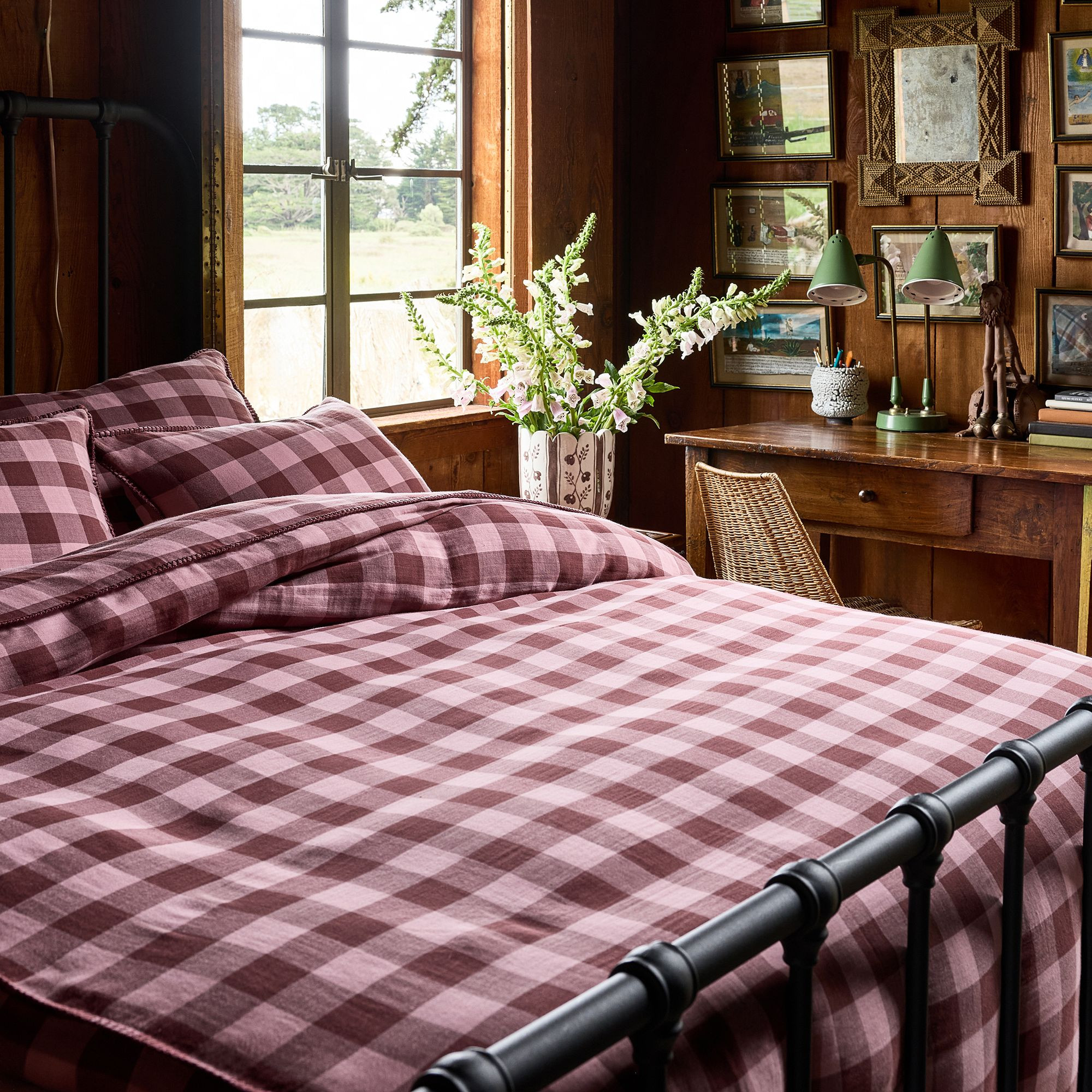 Maida Gingham Duvet Cover, Pink/Brown, Twin | GreenRow