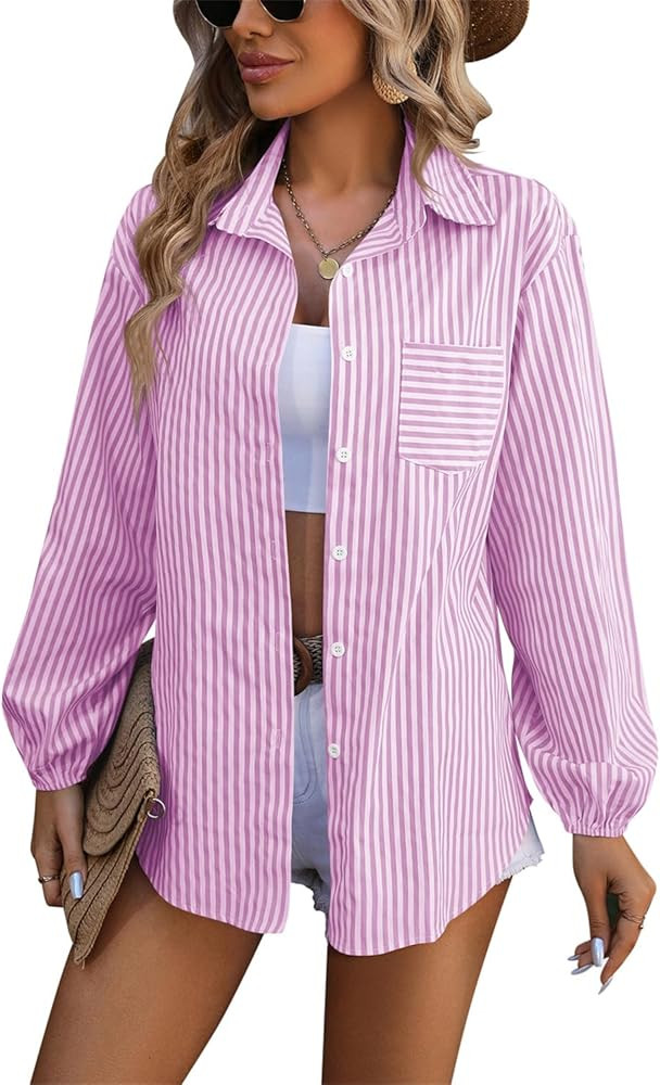 Womens Button Down Shirts Long Sleeve Casual Work Blouses Vneck Loose Tunics Plain Office Tops | Amazon (US)