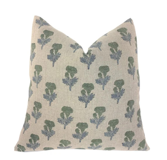 Darra Floral Hand Block Print on Linen Pillow Cover  Green | Etsy | Etsy (US)