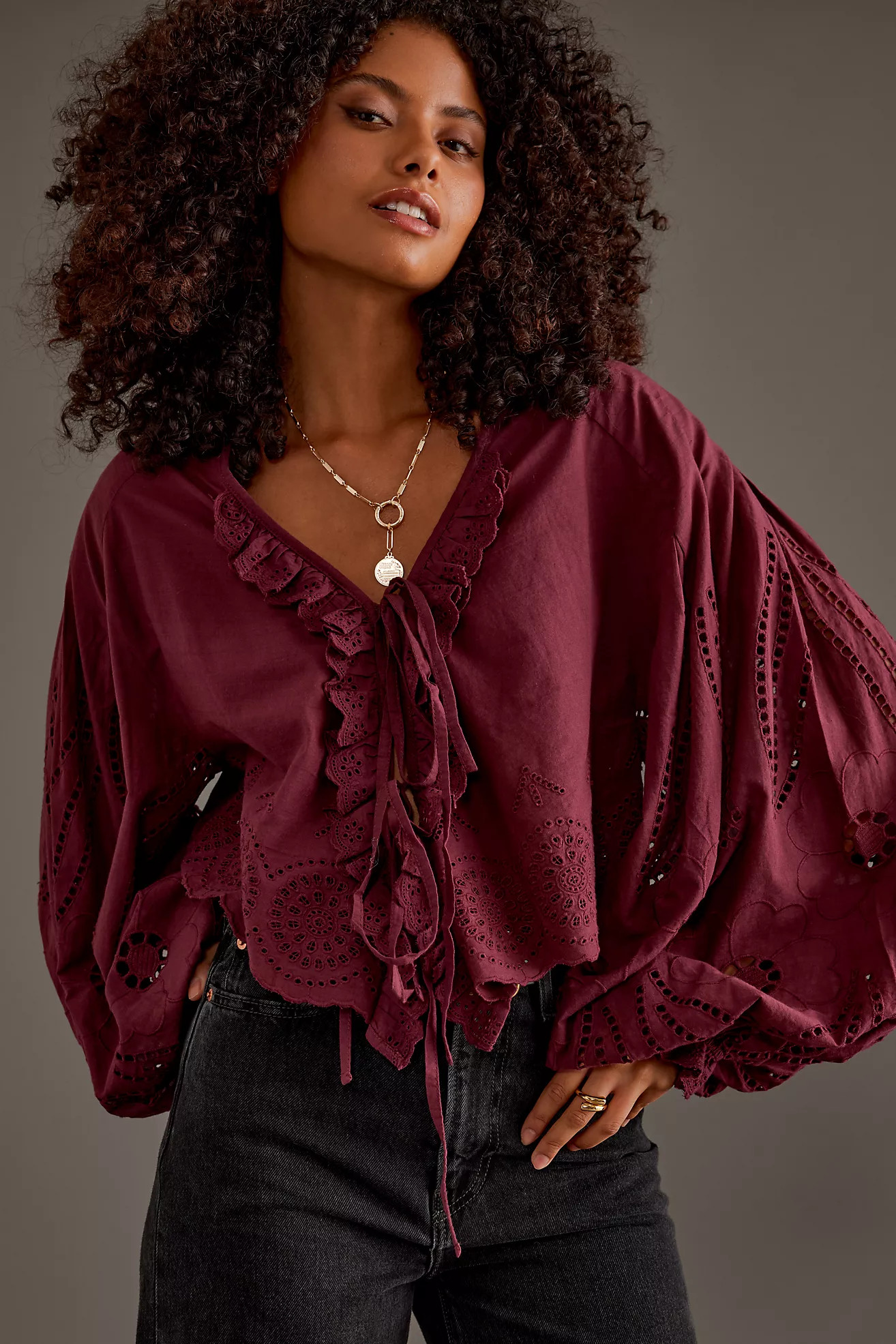 By Anthropologie Long-Sleeve Eyelet Poplin Tie-Front Top | Anthropologie (UK)