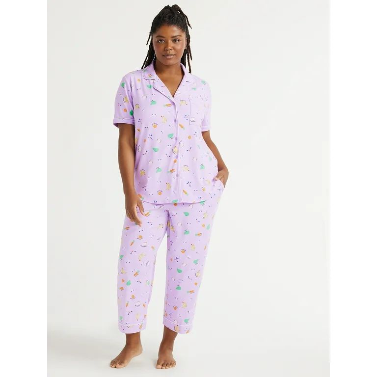 Joyspun Women's Knit Short Sleeve Notch Collar Top and Capri Pajama Set, 2-Piece, Sizes S to 3X | Walmart (US)