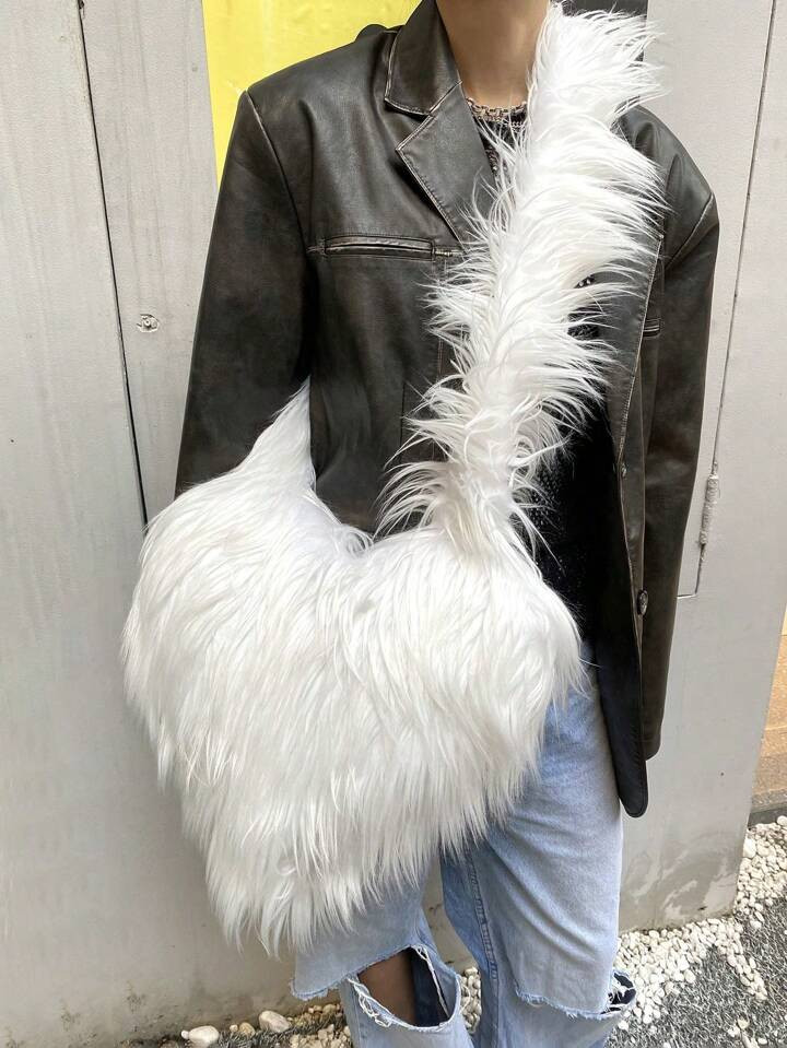 1pc Ladies' White & Pink Y2k Style Vintage Fashion & Long Wool Tote Bag For Fall & Winter, Suitab... | SHEIN