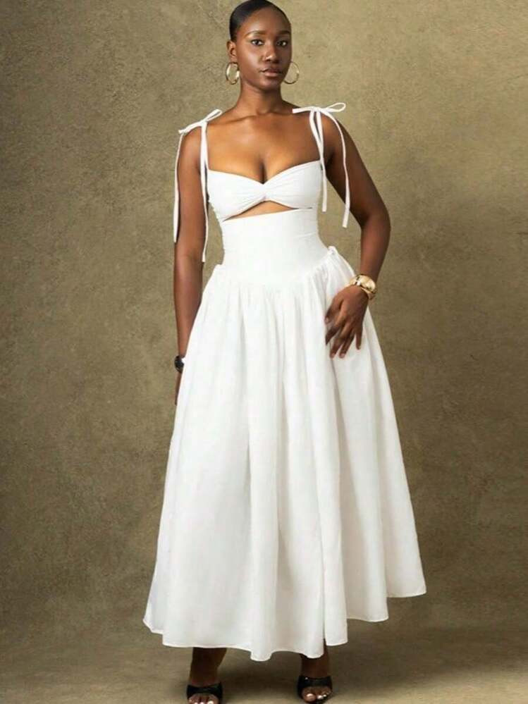 Vestido De Unicolor De Alta Gama Y Elegante Con Tirantes De Espagueti, Diseño Off-Shoulder, Sin Mangas Y Falda Amplia | SHEIN