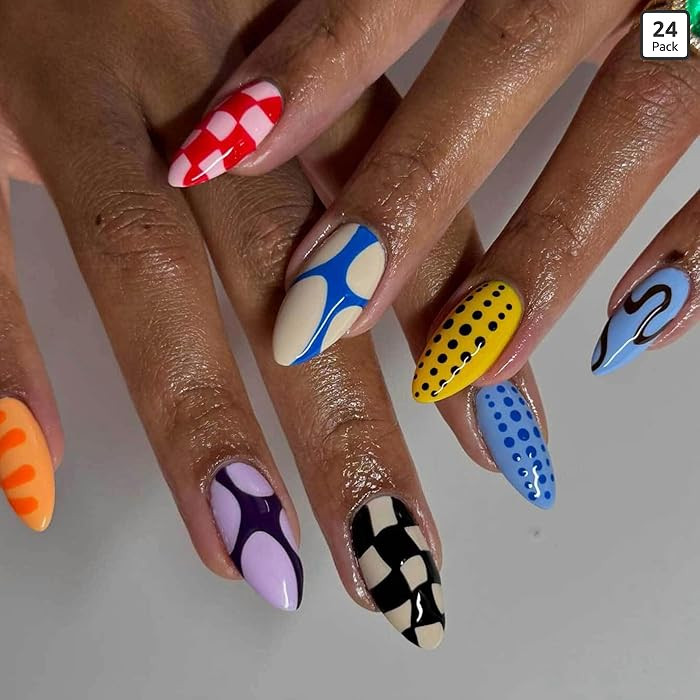 MERVF Almond Press on Nails Medium - Summer Fake Checkered Swirls Colorful Acrylic Nails Abstract... | Amazon (US)
