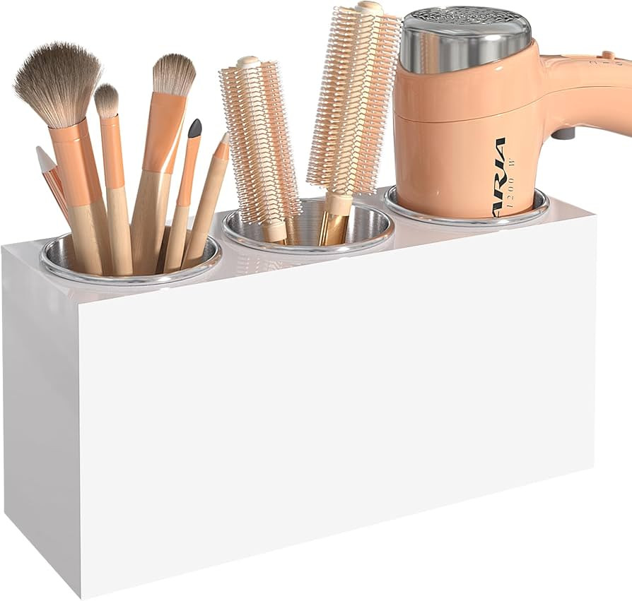 Hair Tool Organizer, Wall Mount Hair Dryer Holder with 3 Cups, Vanity Acrylic Hair Styling Tools ... | Amazon (US)