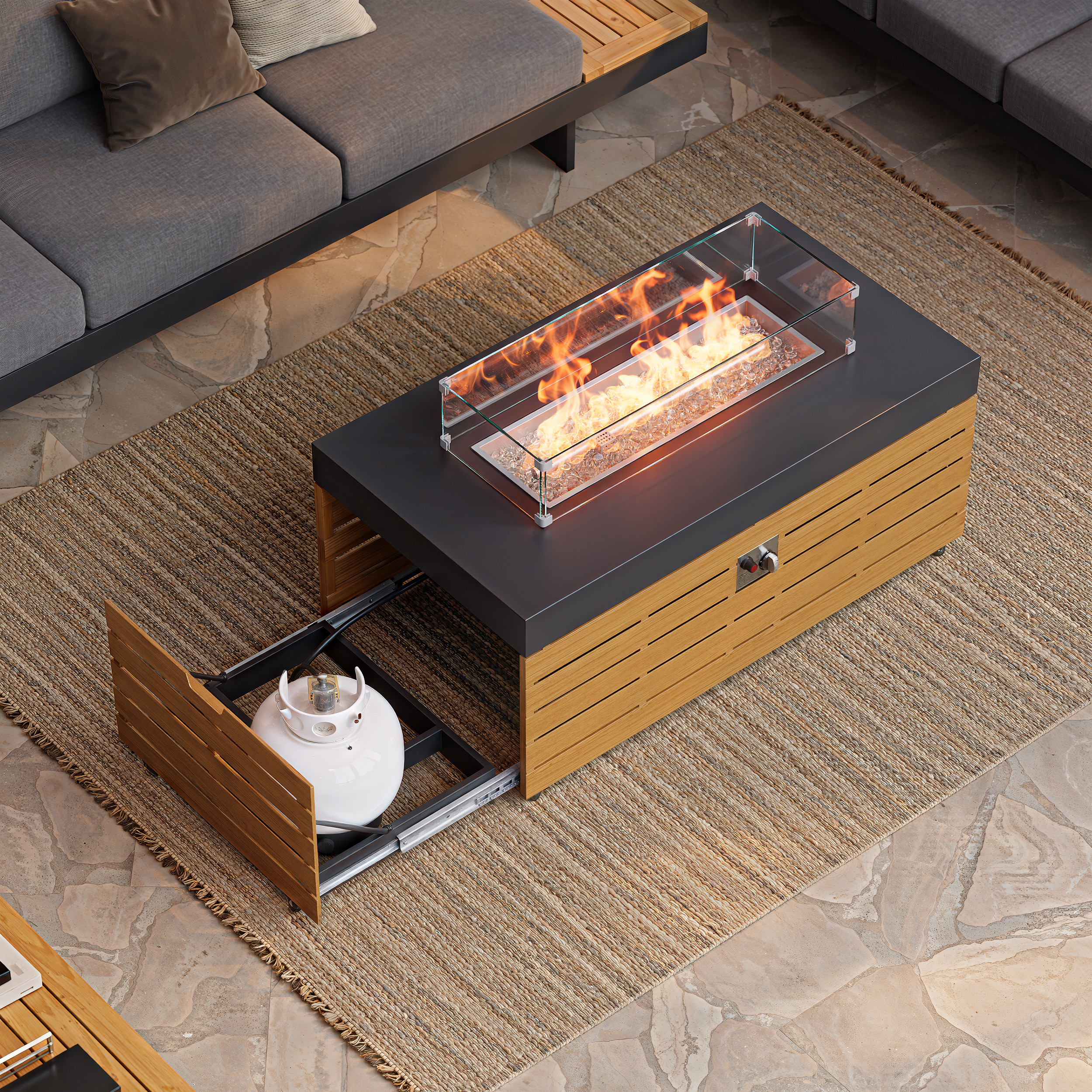 Axis 47.2"" Smokeless Rectangle Metal Propane Outdoor Fire Pit Table with Lid Cover Backyard Patio Furniture | Homary