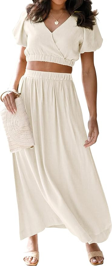 MEROKEETY Women's 2023 Summer Two Piece Outfits V Neck Puff Sleeve Crop Top and Flowy Maxi Skirt ... | Amazon (US)