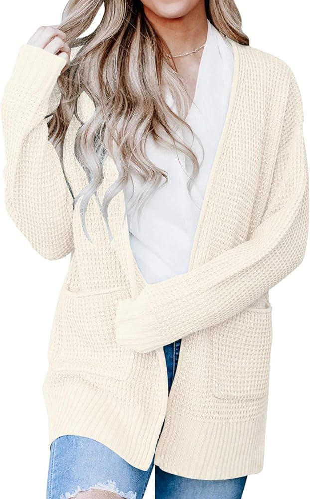 MEROKEETY Womens Long Sleeve Waffle Knit Cardigan Open Front Side Slit Sweater | Amazon (US)