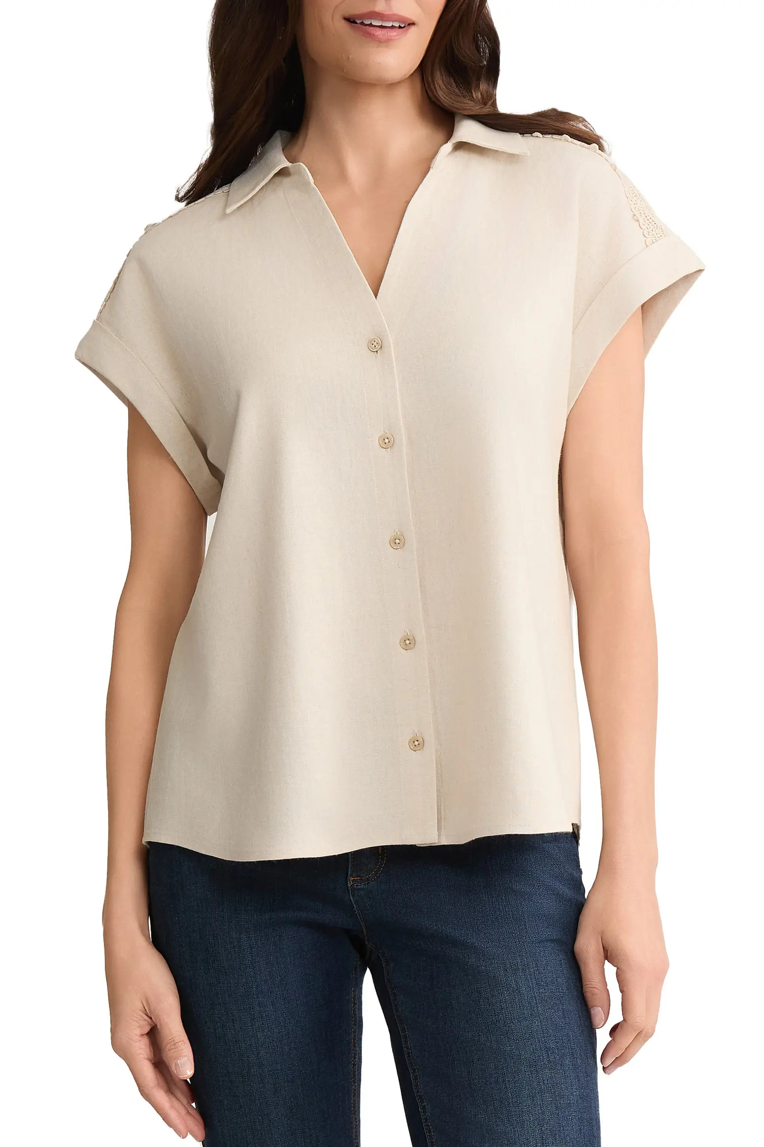 Lace Detail Linen Blend Button-Up Shirt (Women) | Nordstrom | Nordstrom