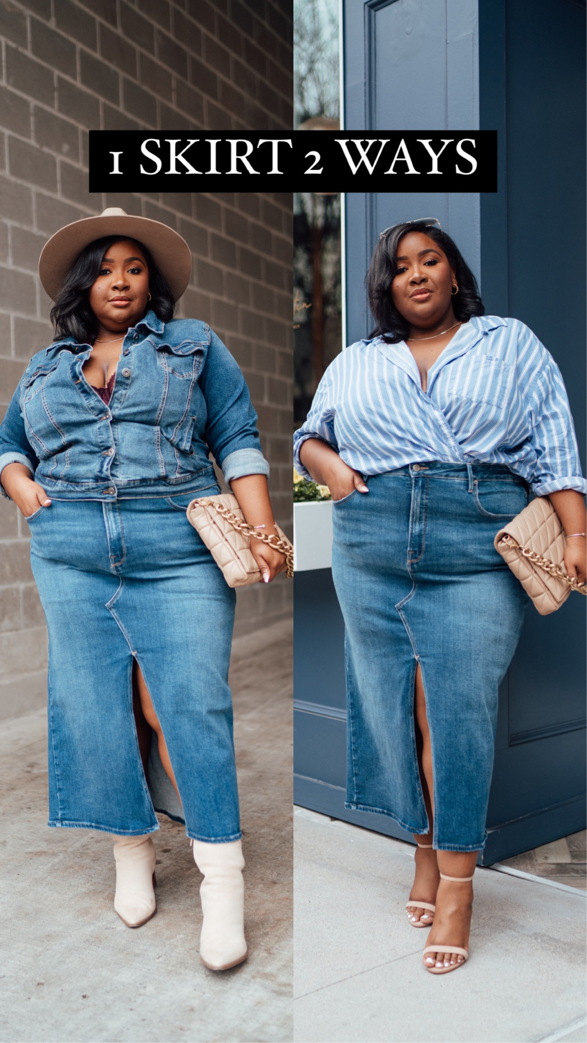 Plus size denim skirt 2 ways. Good American split skirt. Wearing a size 22 (you can size down/it has a ton of stretch).

Good American denim. Plus size skirt. Plus size denim. Plus size rodeo outfit. Spring outfit. Women’s fashion. Plus size fashion.

#LTKVideo #LTKfamily #LTKplussize
