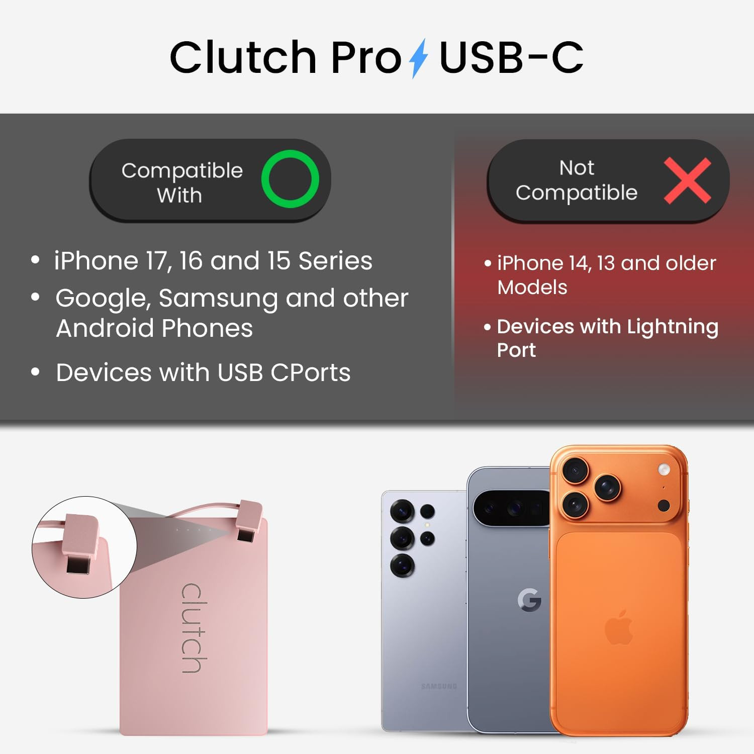 Clutch Pro – World's Thinnest Portable Charger – USB-C Power Bank 5000mAh – Magnetic Built-in Cable – TSA Approved Travel Charger – iPhone 15/16/17 & Android – Pink | Amazon (US)