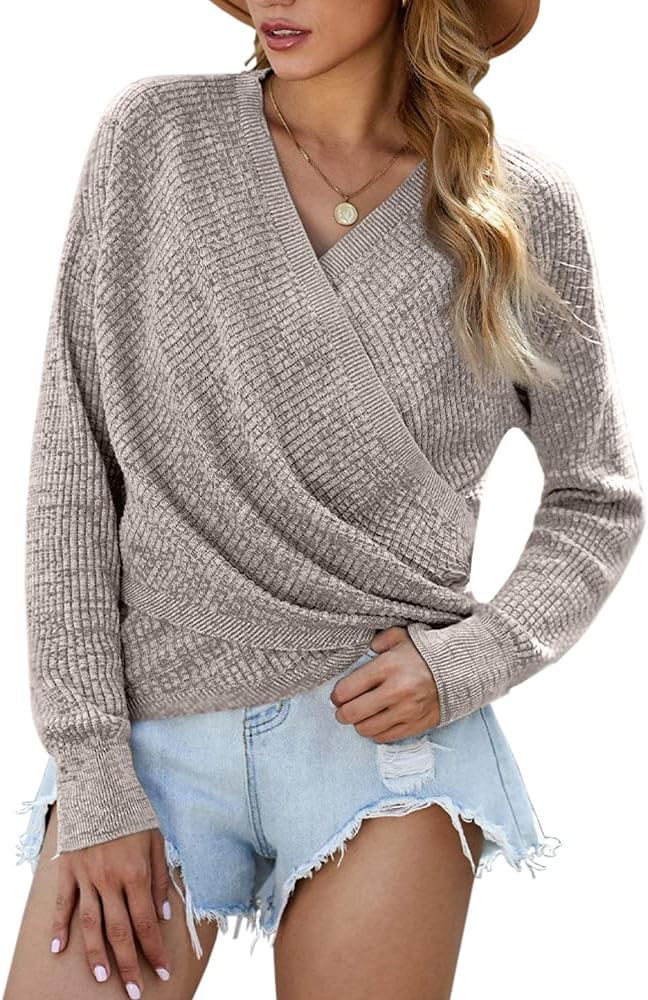Womens Cross Front V Neck Knit Sweater Long Sleeve Causal Pullover Jumper Tops Brown at Amazon Wo... | Amazon (US)