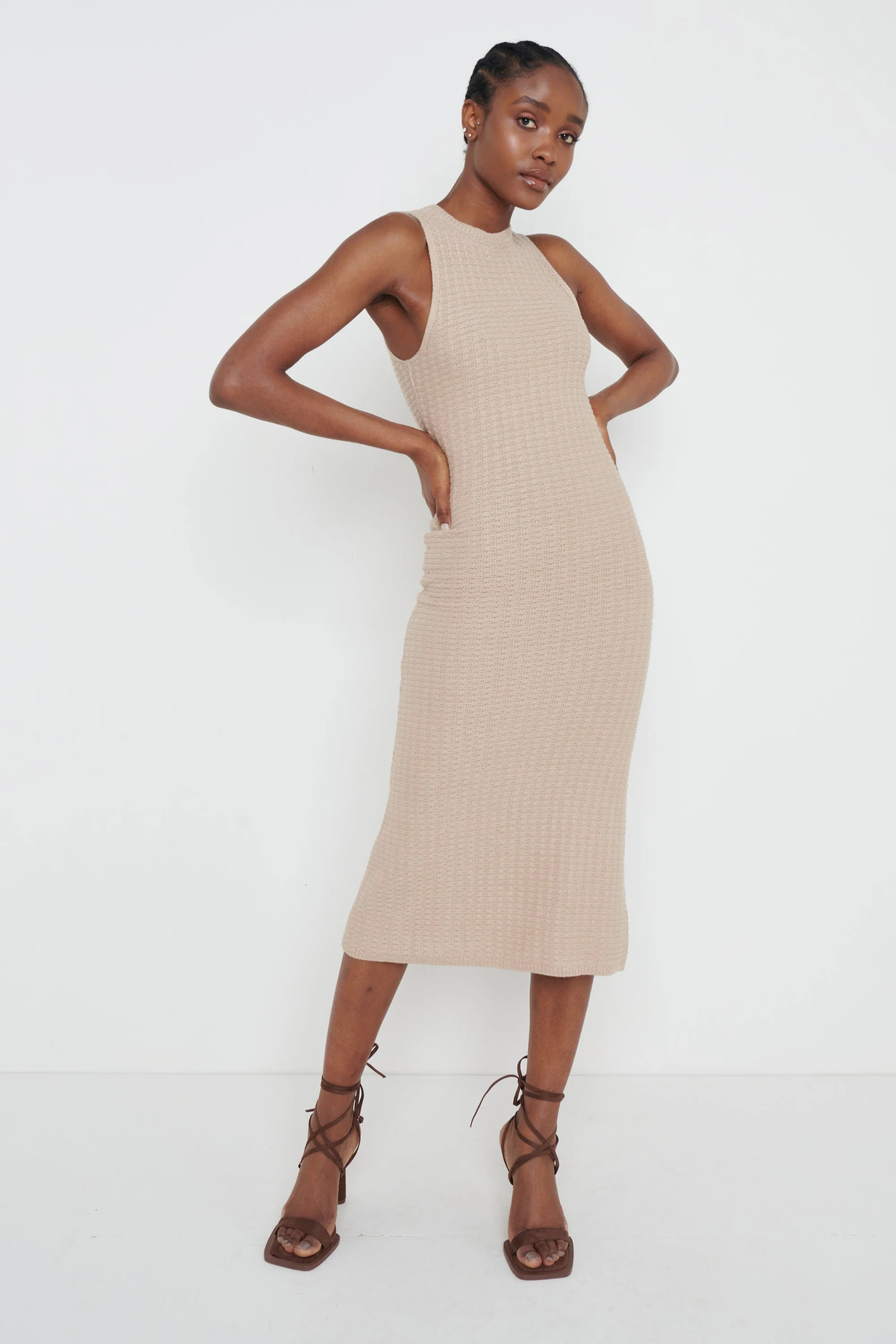 Celine Crochet Midi Dress - Taupe | Pretty Lavish (UK)