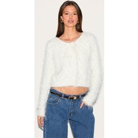 Off White Textured Fluffy Knit Button Up Cardigan Sweater | PrettyLittleThing US
