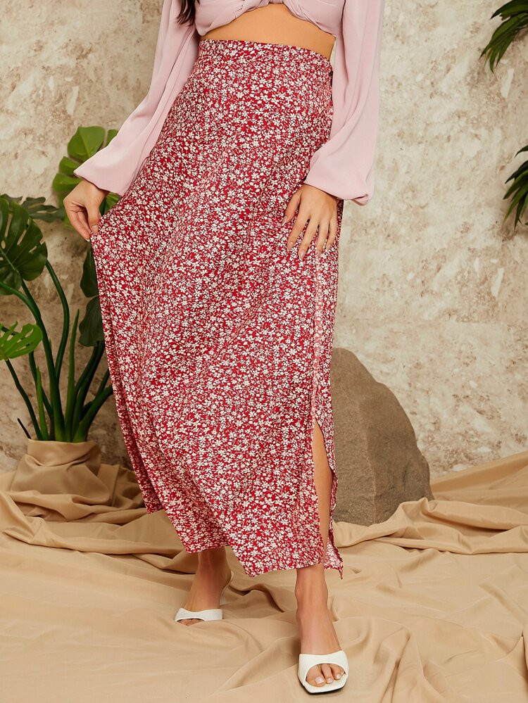 SHEIN Maternity Ditsy Floral Print Knot Detail Split Side Skirt | SHEIN