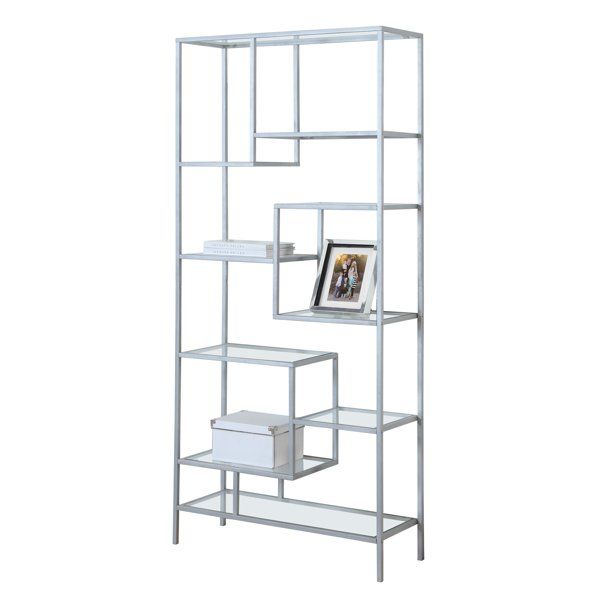 71" Silver Contemporary Rectangular Bookcase with Tempered Glass | Walmart (US)