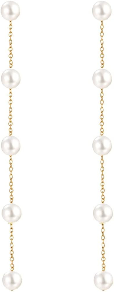 LOKLIFFAI 925 Sterling Silver Threader Earrings Pearl Ball Drop Long Chain Earrings for Women and... | Amazon (US)