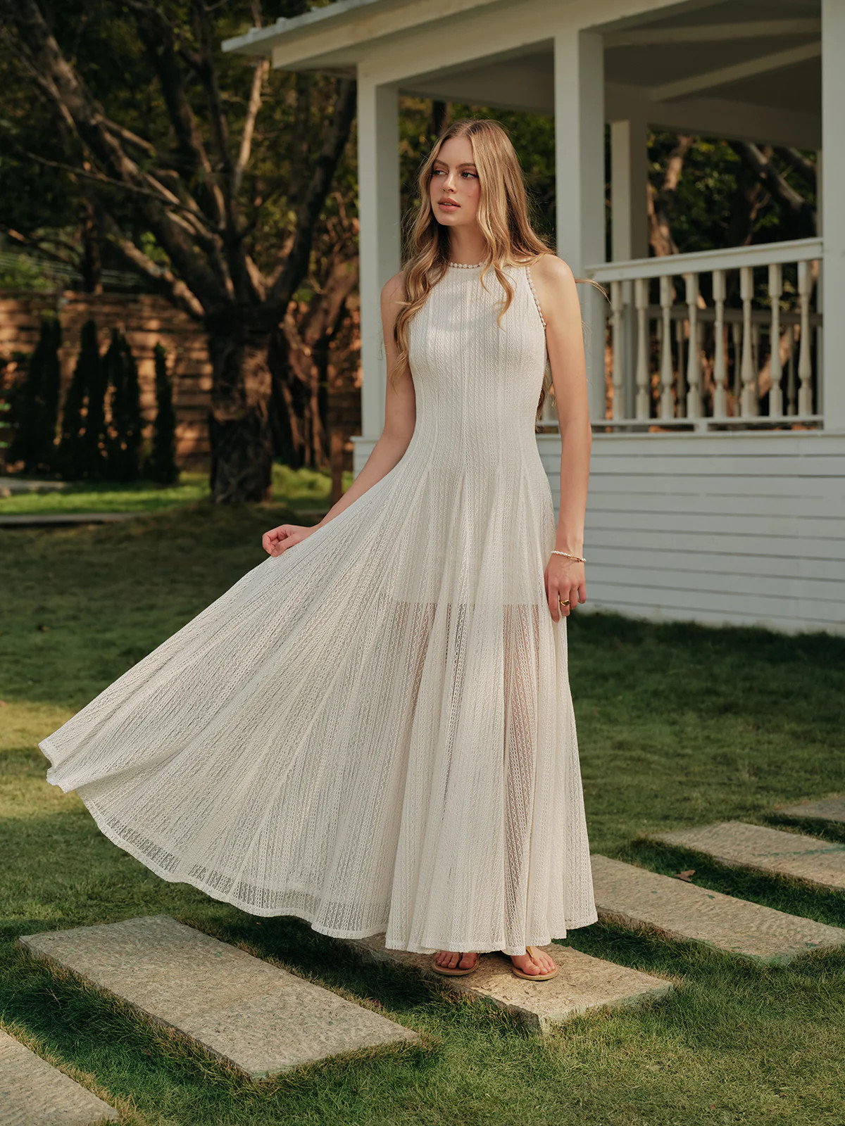 Semi-Sheer Lace Sleeveless Dress | Commense