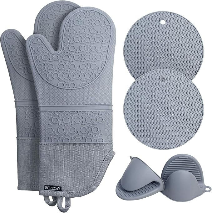 Rorecay Extra Long Oven Mitts and Pot Holders Sets: Heat Resistant Silicone Oven Mittens with Min... | Amazon (US)