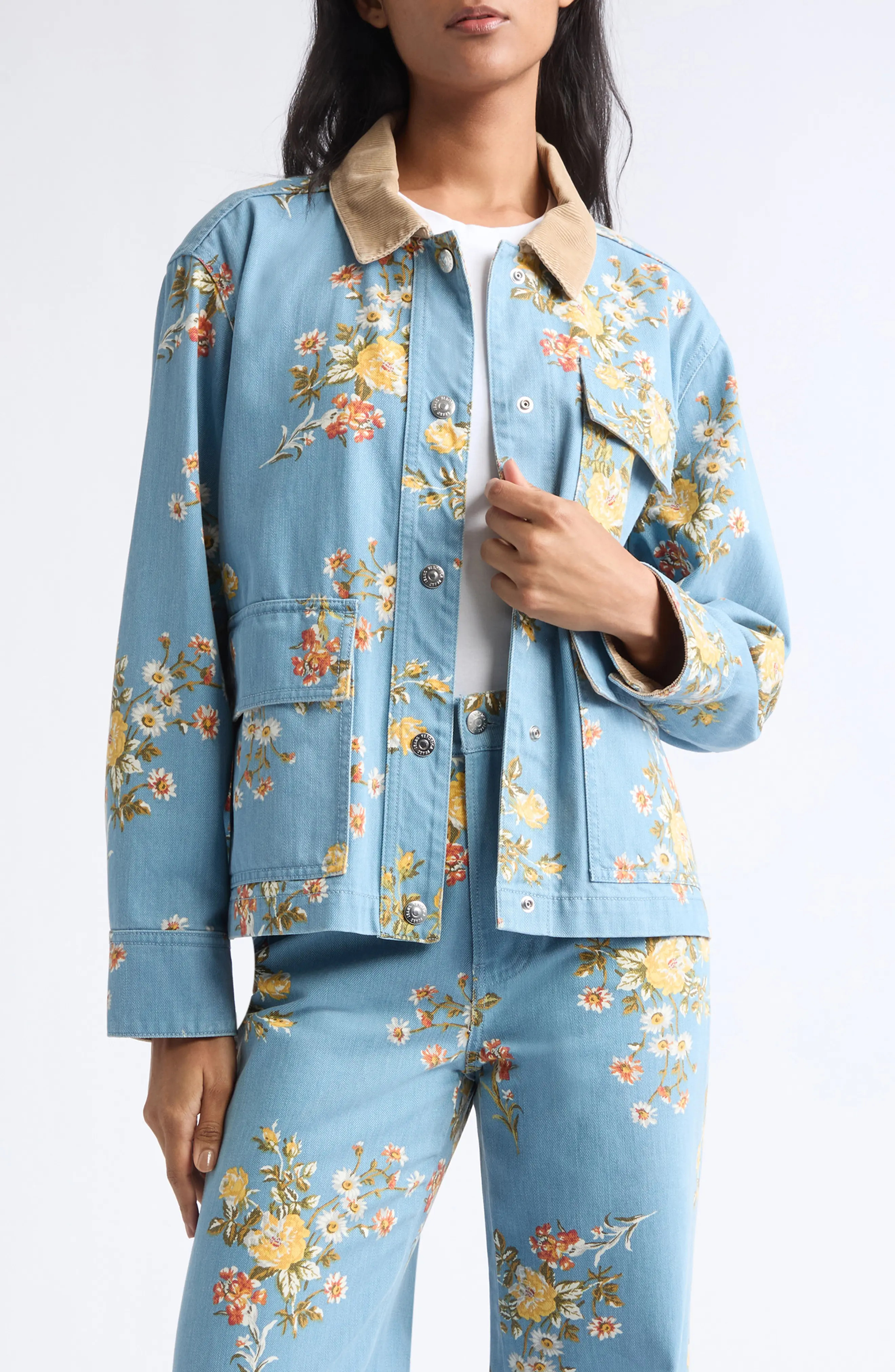Veronica Beard Leighton Floral Print Denim Jacket in Garden Bouquet at Nordstrom, Size Large | Nordstrom
