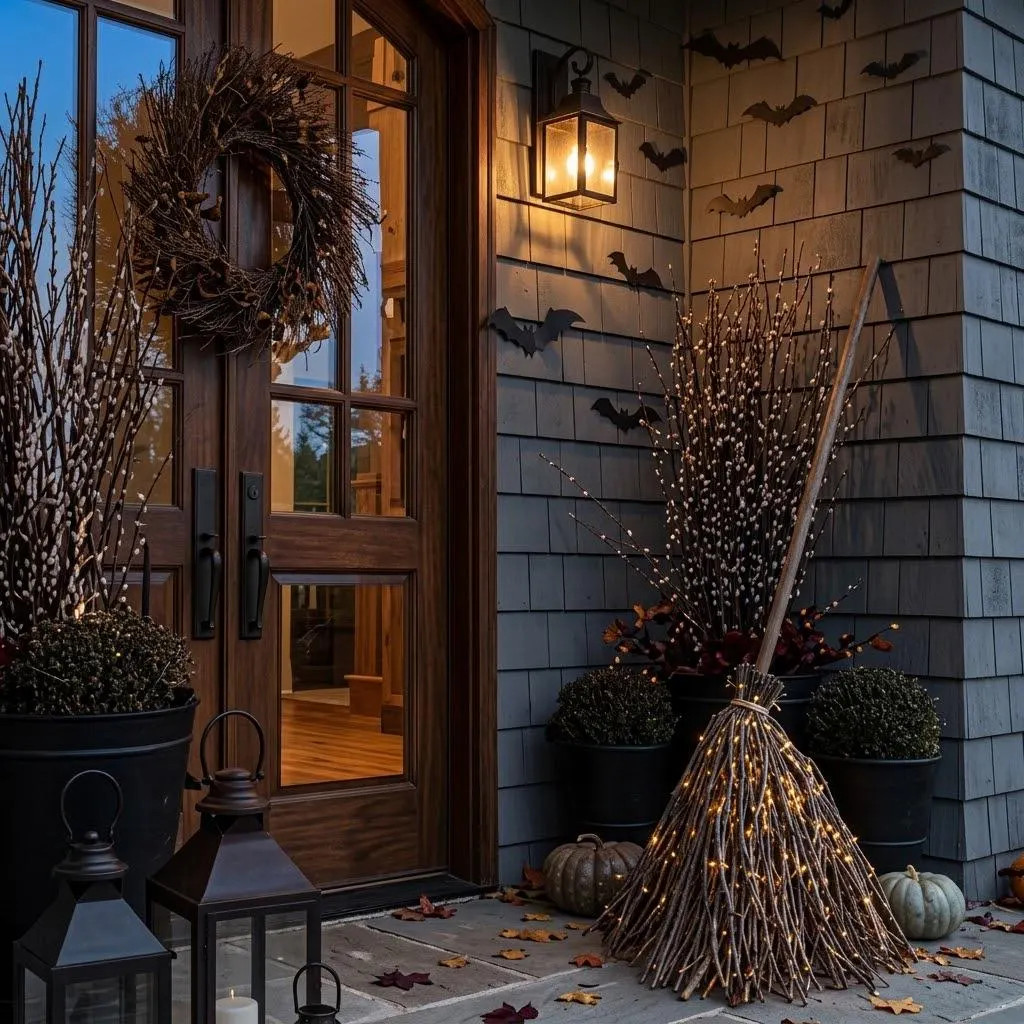 Glowing LED Witch Broom Halloween Decor | Natural Rattan Light Up Broom 66in | Vintage Fall Entryway Display Prop | Etsy (Global)